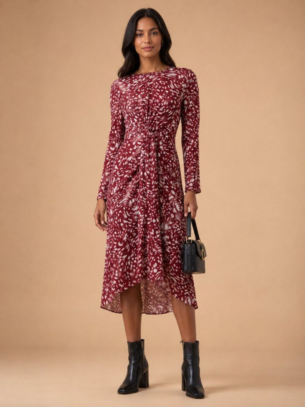 Maje Rivole Abstract Print Twist Front Midi Dress Burgundy White Long Sleeve - Picture 1 of 11